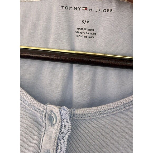 Y2K Tommy Hilfiger Light Blue Henley Shirt Women’s Size Small Lace Trim Logo Tee - Picture 5 of 6